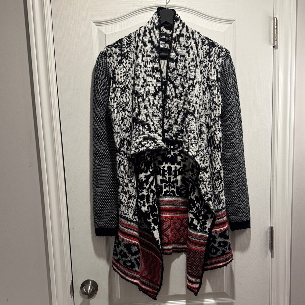440-Desigual by Christian Lacroix Long Cardigan Black White Red Artistic Knit